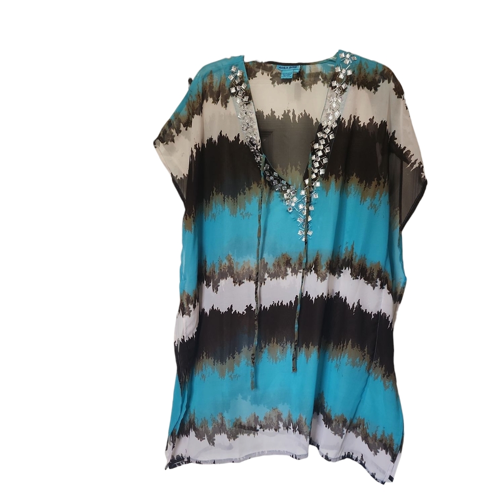 Blue and Black Women's Swim Coverup Top L String Tie Front - Picture 1 of 4